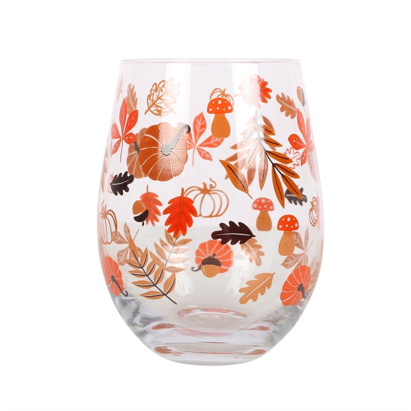 Autumn Pumpkin Leaves and Pumpkins Stemless Glass