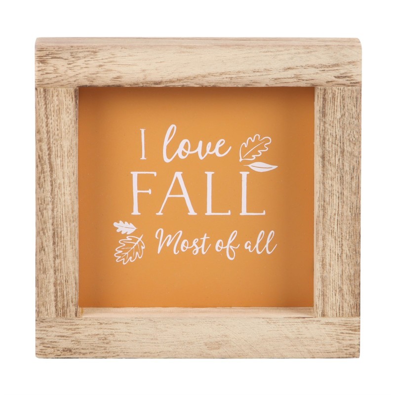 Oranges Schild mit Holzrahmen „I Love Fall Most of All“