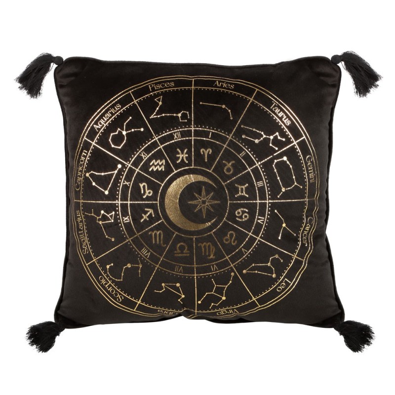 Cojín de rueda de astrología negro cuadrado de 35 cm