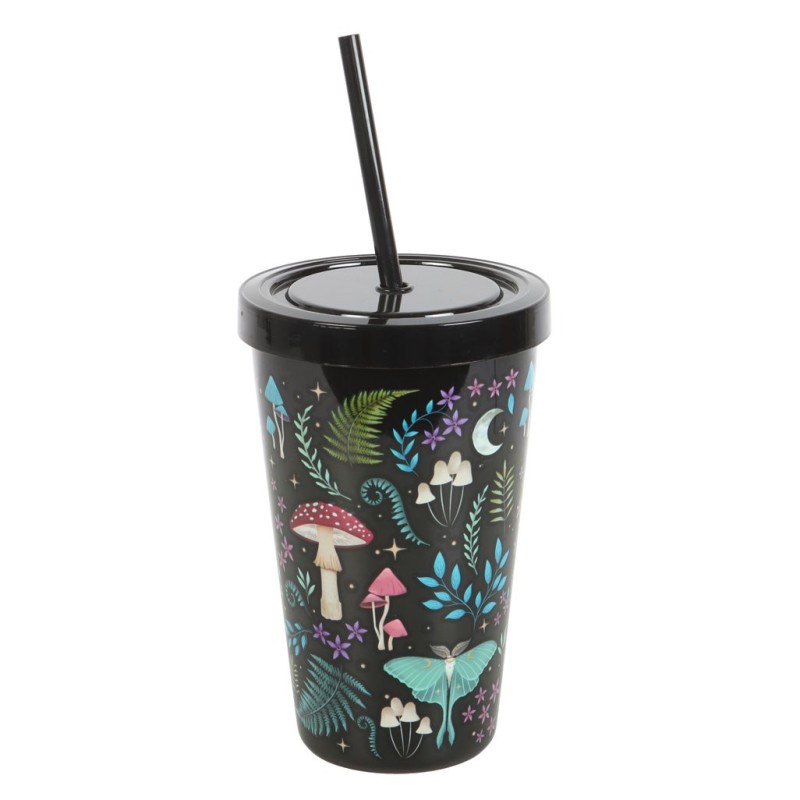 Vaso de plástico con pajita y estampado de bosque oscuro