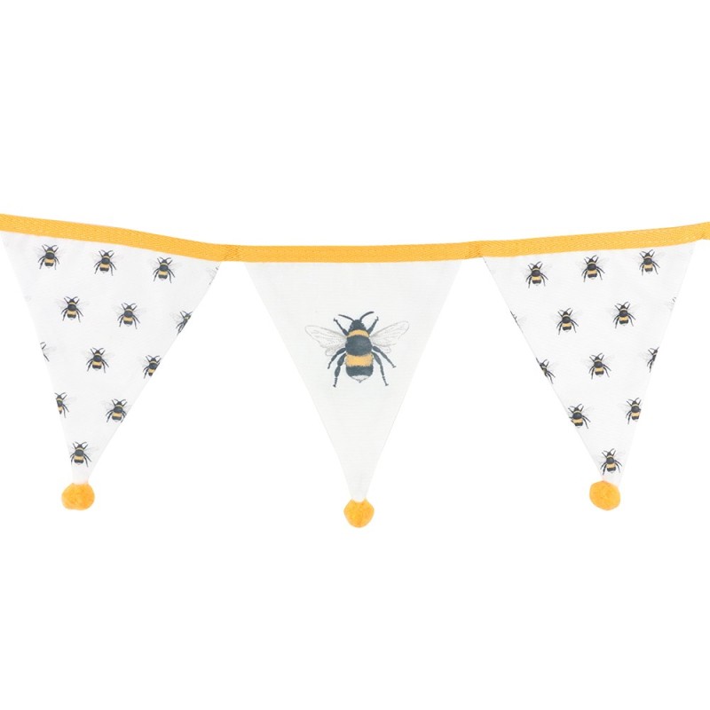 Banderines de tela con estampado de abejas alternas en blanco