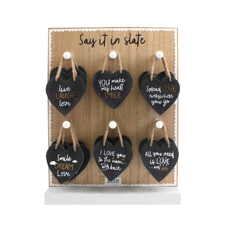 Set of 24 Slate Heart Hanging Decorations on Display