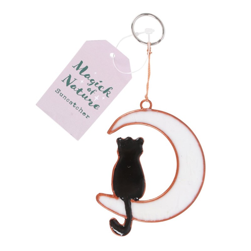 Gato sentado en la luna creciente Suncatcher