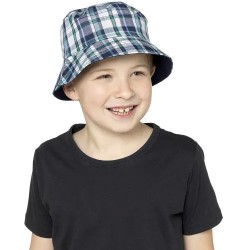 Kids Navy Blue White Check Stripe Reversible Fisherman Bucket Sun Hat 7-10 Years