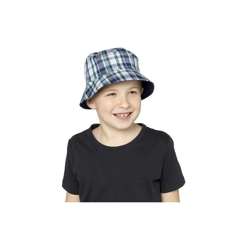 Kids Navy Blue White Check Stripe Reversible Fisherman Bucket Sun Hat 7-10 Years