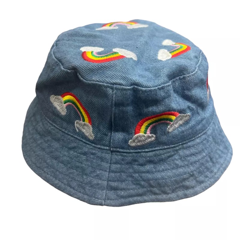 Kids Denim Blue Fisherman Bucket Embroidered Rainbow Clouds Sun Hat 1-3 Years