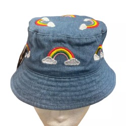 Kids Denim Blue Fisherman Bucket Embroidered Rainbow Clouds Sun Hat 1-3 Years