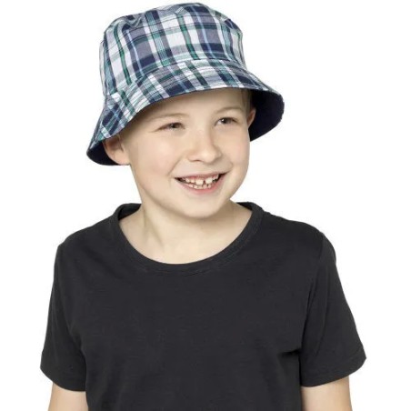 Kids Navy Blue White Check Stripe Reversible Fisherman Bucket Sun Hat 3-6 Years