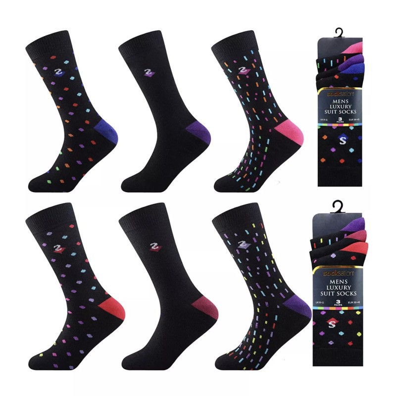 6 Pairs Mens Socksation Black Luxury Spotty Suit Socks 6-11 Fathers Day Gift