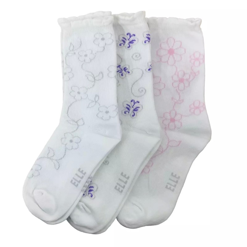 3 Pairs Womens Girls ELLE Floral Butterflies White Dress Socks Shoe Size 4-5.5