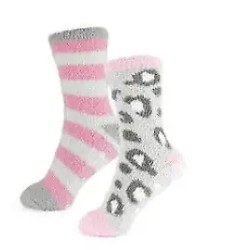 2 Pairs Womens Girls Grey Leopard Stripes Hearts Fluffy Cosy Socks Gift