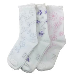 Elle Girls 3 Pack White Pink Floral Butterflies Socks 4-6 Years Shoe Size 9-12