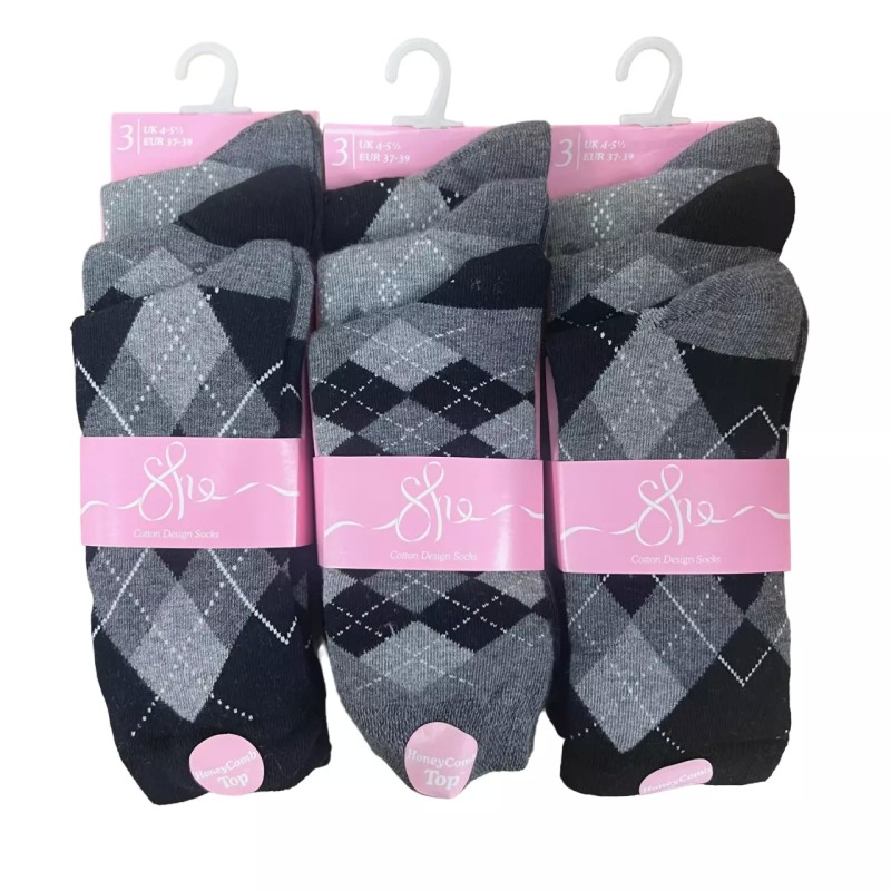 9Pairs Grey And Black Argyle Diamond Honeycomb Gentle Grip Socks 4-5 Mothers Day