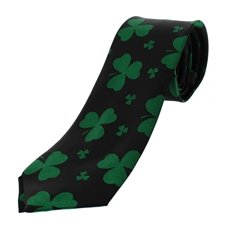 St Patricks Day Black Green Lucky Clover Satin Feel Fancy Dress Party Skinny Tie