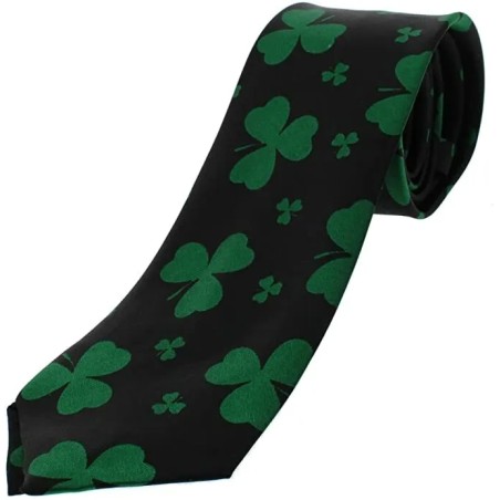 St Patricks Day Black Green Lucky Clover Satin Feel Fancy Dress Party Skinny Tie