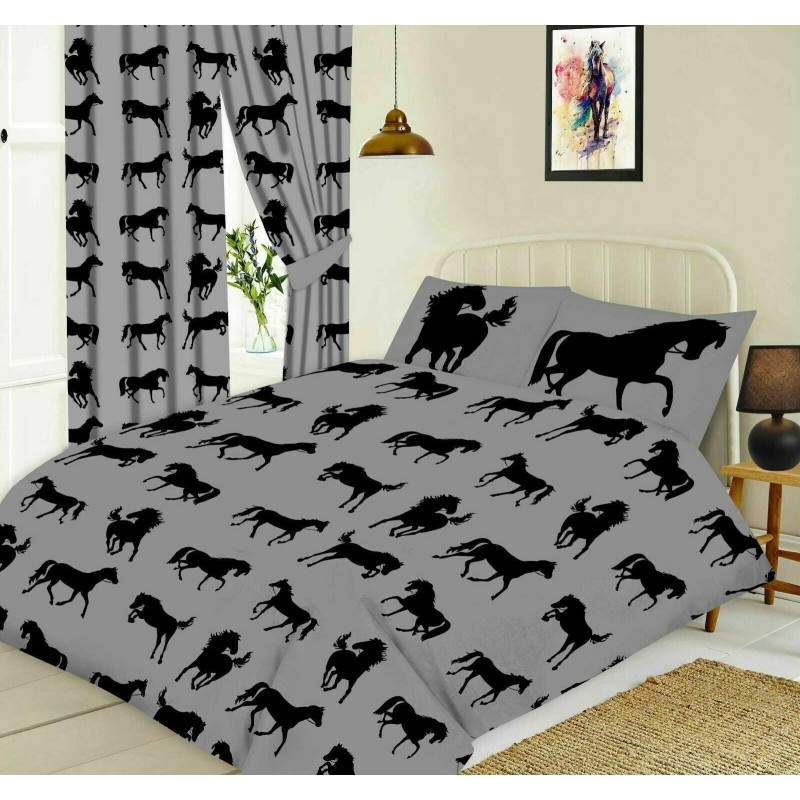 Juego de cama con funda nórdica para cama doble, diseño de silueta de caballo negro, color gris pizarra