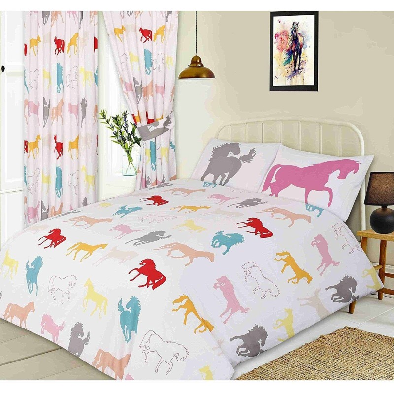 Juego de cama con funda nórdica para cama individual, diseño de silueta de caballos de colores, color blanco