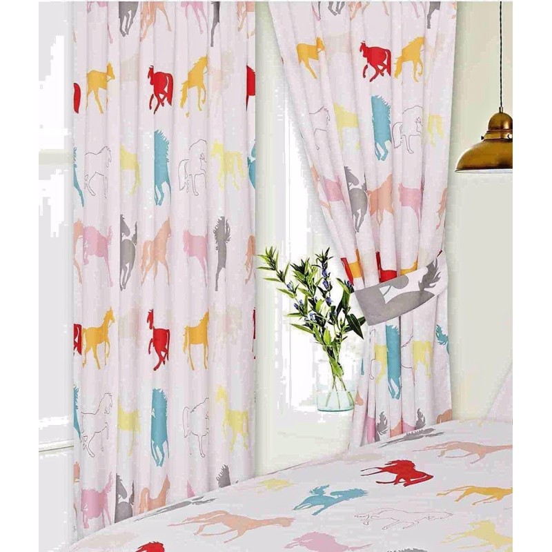 Cortinas plisadas con diseño de silueta de caballo de colores, 66 x 72 pulgadas, color blanco, con alzapaños