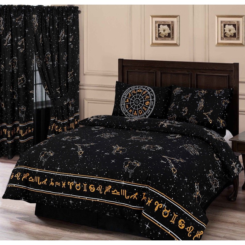 Parure de lit super king size avec horoscopes célestes, motif astrologie, noir, or, jaune