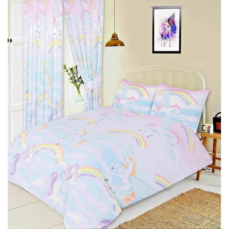 Bettbezug und passender Kissenbezug im Regenbogen-Fliegen-Einhorn-Pegasus-Design für Einzelbett