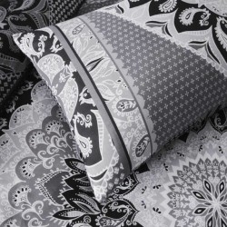 King Size Mandala Print Noir Gris Blanc Design Housse de couette et taies d'oreiller assorties