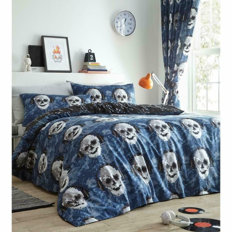 Housse de couette réversible et taie d'oreiller assortie, taille unique, motif tête de mort et pixels