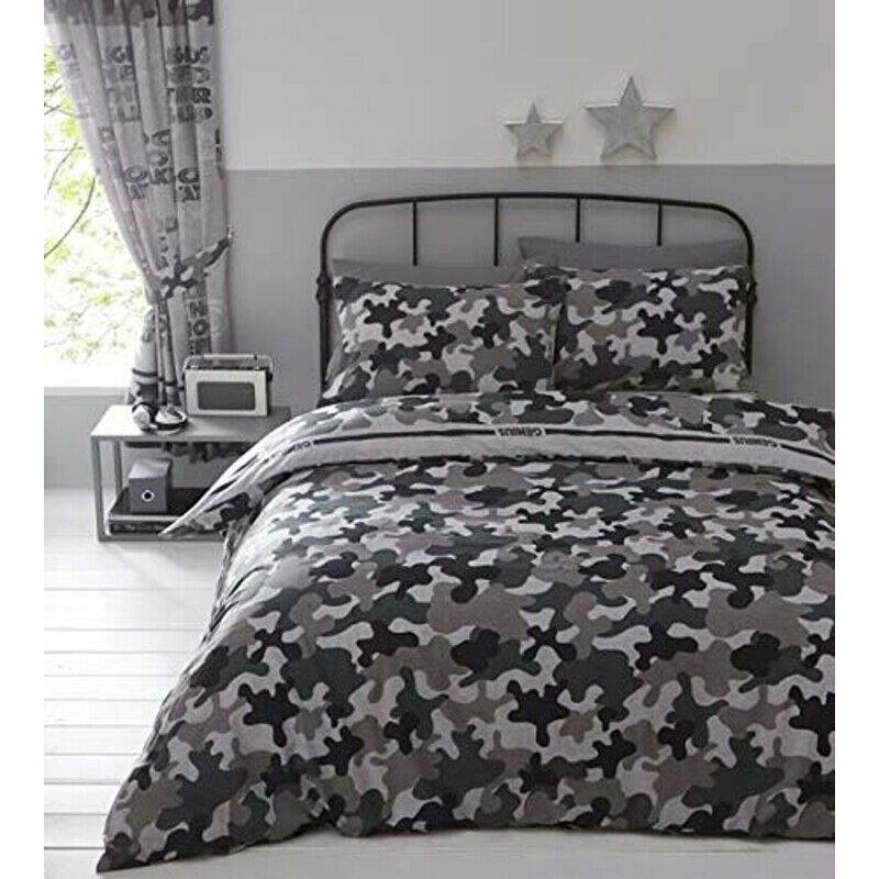 Housse de couette et taie d'oreiller assorties, motif camouflage armée, réversible, double taille