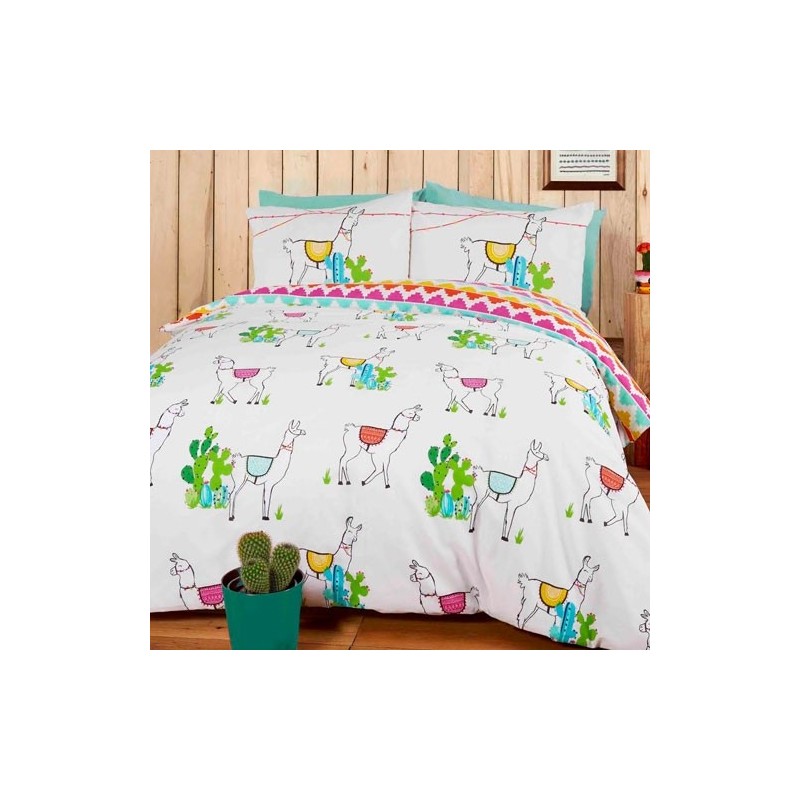 Housse de couette réversible et taies d'oreiller assorties King Size Happy Llama Design