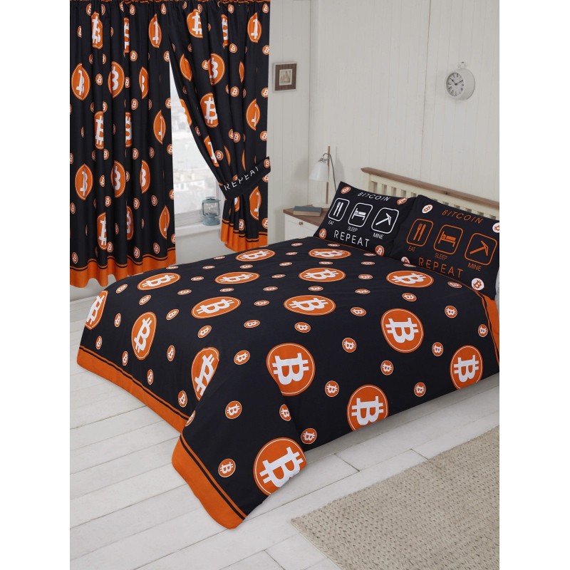 Funda nórdica con diseño de moneda Bitcoin de tamaño doble, color naranja y negro, y fundas de almohada a juego