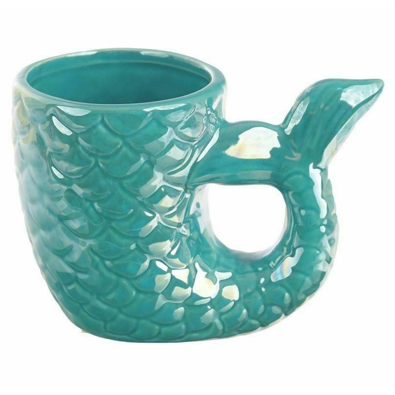 Taza con cola de sirena iridiscente, color turquesa, verde azulado, 3D, Enchanted Seas