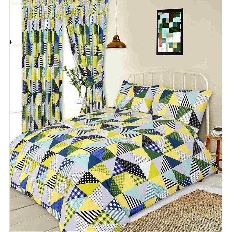 Einzelbettbezug mit geometrischem Patchwork-Design in Limettengrün und Blau und passendem Kissenbezug