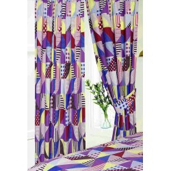 Copripiumino king size dal design patchwork geometrico viola, blu e giallo e federe abbinate