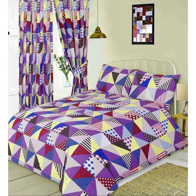 Copripiumino king size dal design patchwork geometrico viola, blu e giallo e federe abbinate